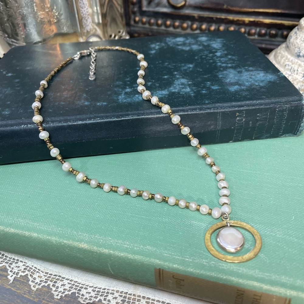 Silpada beaded Pearl necklace go Coastal brass & sterling pendant